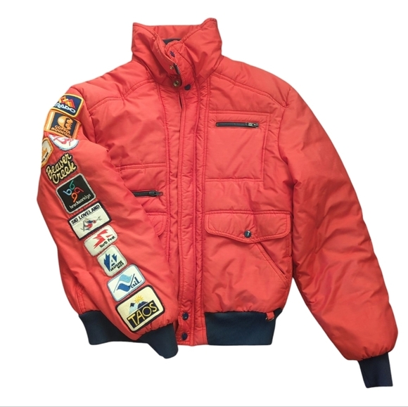 vtg Ski junkie Jacket Red Puffer Quilted retro Ski Bum resort patches sz M - Picture 13 of 15